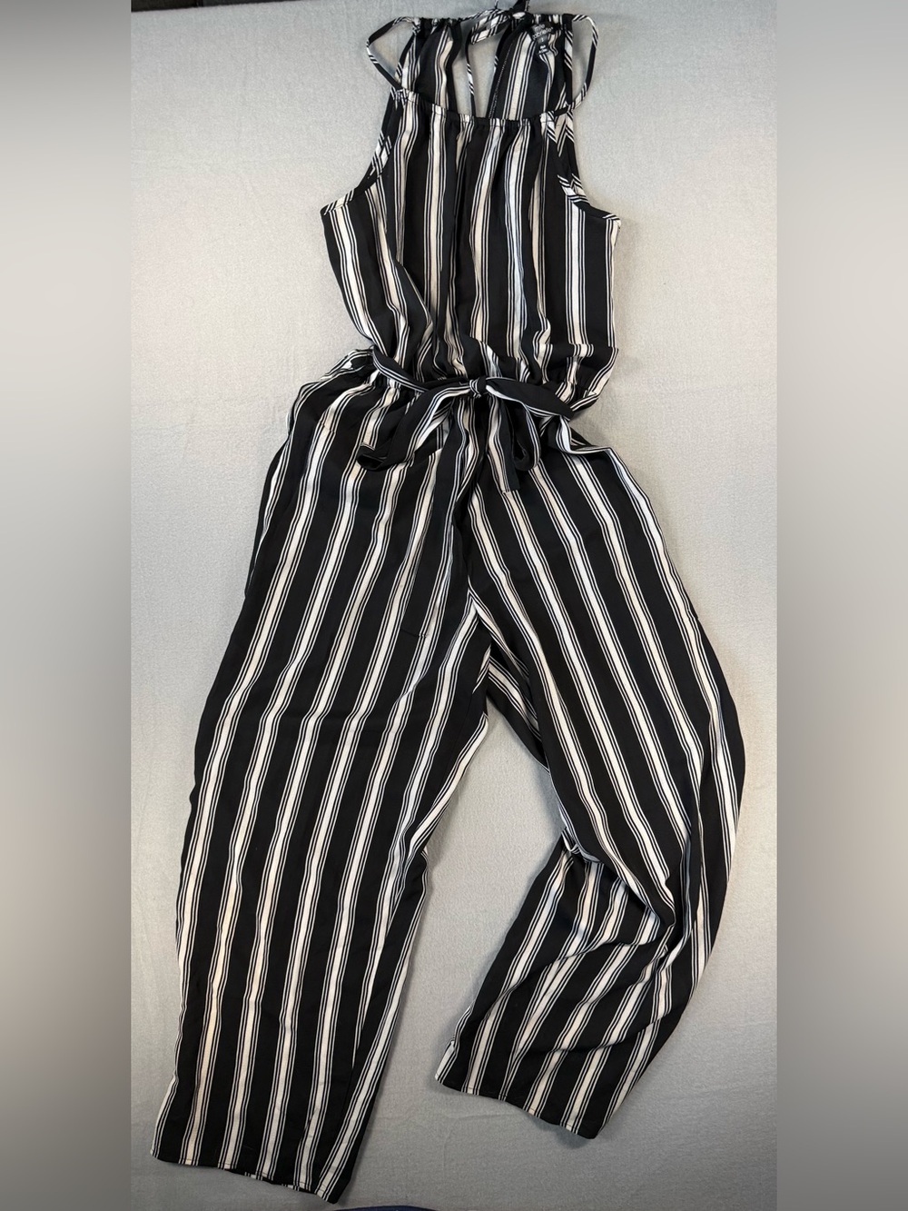 Mlle Gabrielle Black & White Vertical Stripe Tie-Waist Jumpsuit